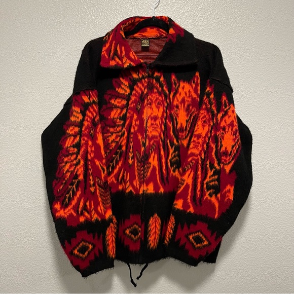 Vintage Tejidos Imalaya Wool Full Zip Jacket Unique Native American Wolf Gift - Picture 1 of 6